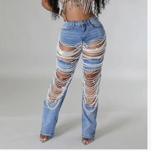 Fashion Nova, Ladies, Blue Pearl & Diamond Embellished Jeans. NEW. Size L
